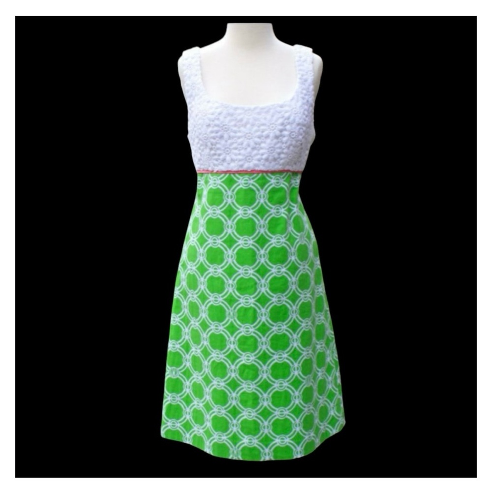 Vintage Lilly Pulitzer Sheath Dress Crochet Top Green Geometric Sundress Preppy - Picture 3 of 13